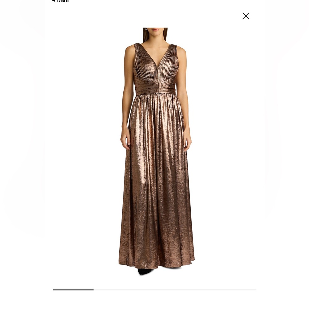 Zac Rosen Metallic Bronze V-Neck Pleated Evening Gown